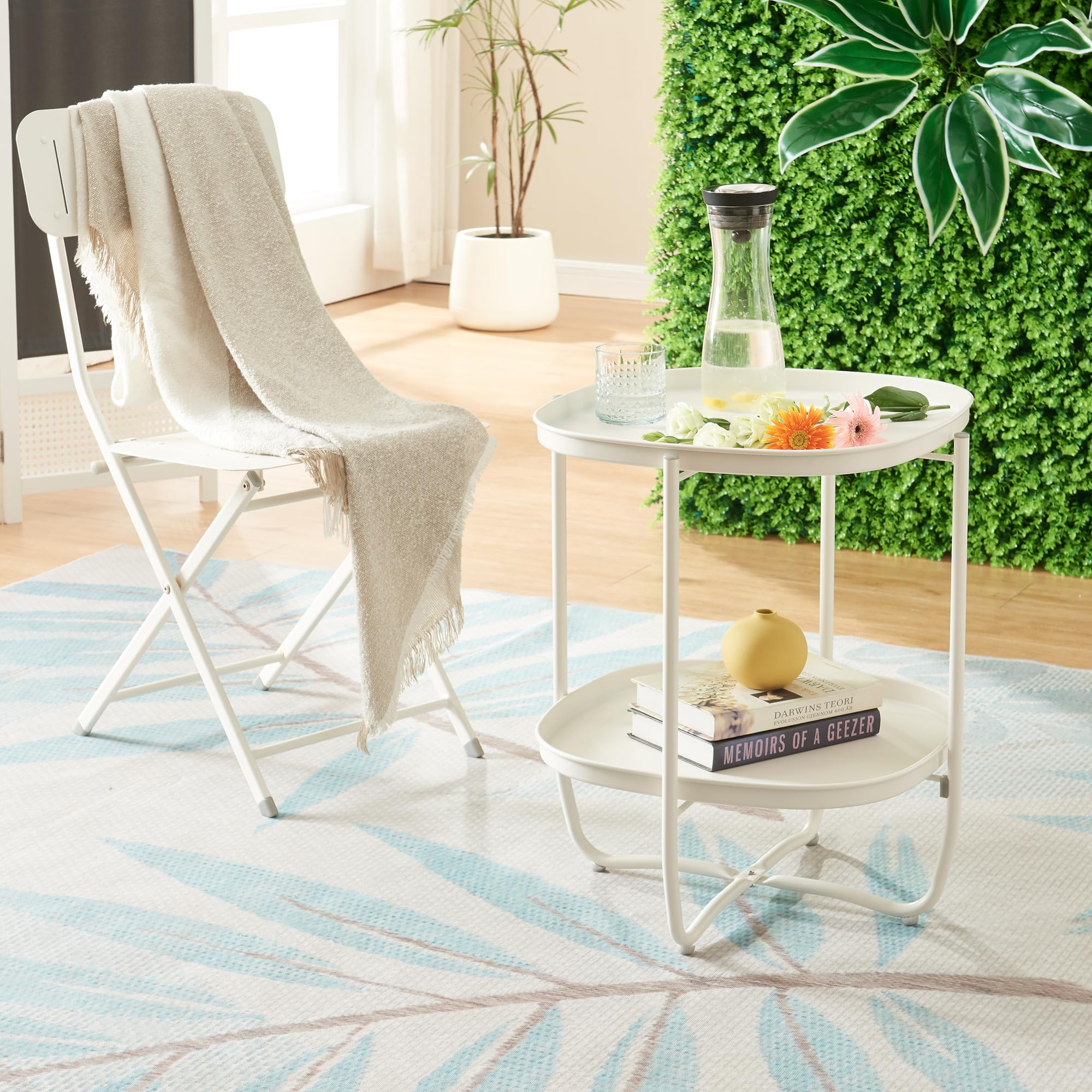 [en.casa] Mesita de Jardín Sandefjord Mesa de Café de Patio con 2 Bandejas Extraíbles Estilo Moderno Mueble de Jardín Terraza Balcón Acero 57,5 x 46 x 46 cm - Blanco