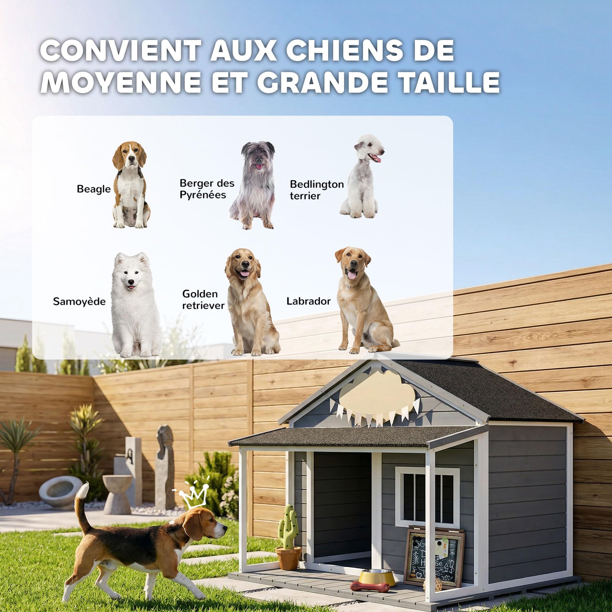 PawHut Niche pour Chien Extérieur Style Cabane en Bois, 124x112x105cm, Grande Niche avec Terrasse et Toit Bitumé Imperméable, Abri pour Chien jusqu'à 24 kg, Gris