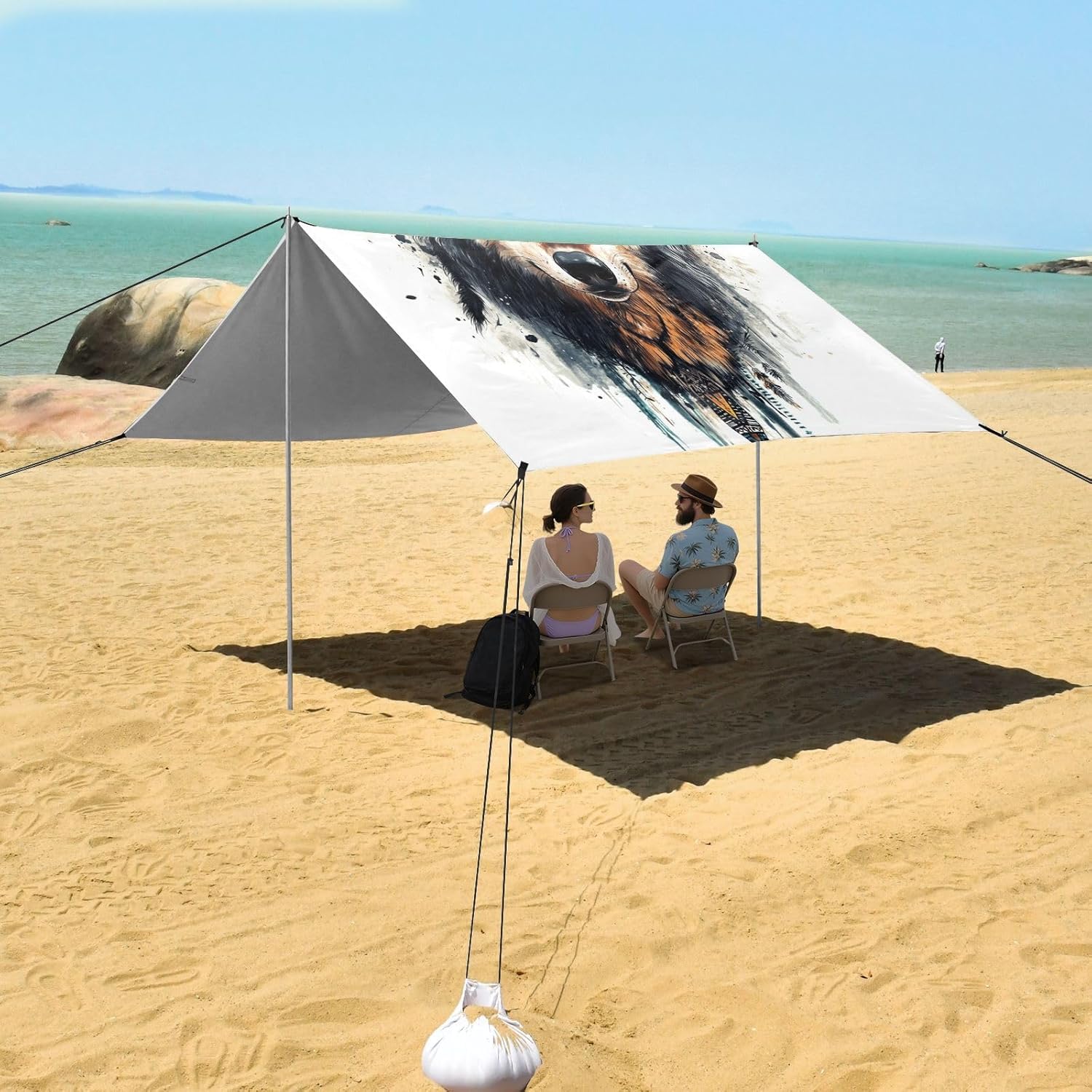 ALAZA Boho Wolf Ethnic Beach Tent Sun Shelter UPF50+ Protection Beach Shade Canopy w/ 4 Sandbags for Outdoor Camping, Fishing, Backyard Fun, Picnic, 10x9 ft