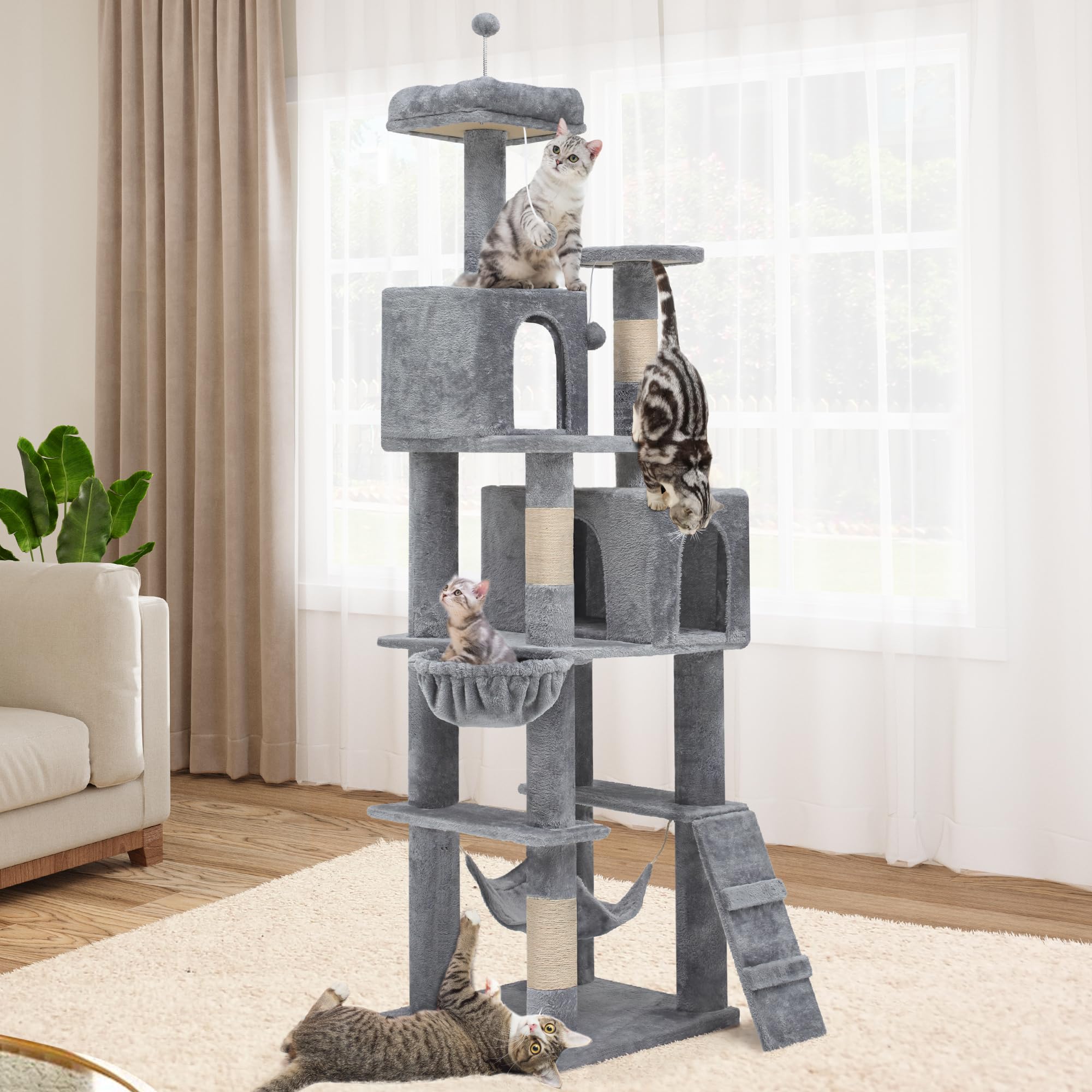 YITAHOME 75in Cat Tree Tower for Indoor Cats, Multi-Level Cat Furniture with Scratching Posts, Cat Caves, Padded Perch, Cozy Hammock, Ladder, and Plush Balls for Kittens, Pet Play House Light Gray