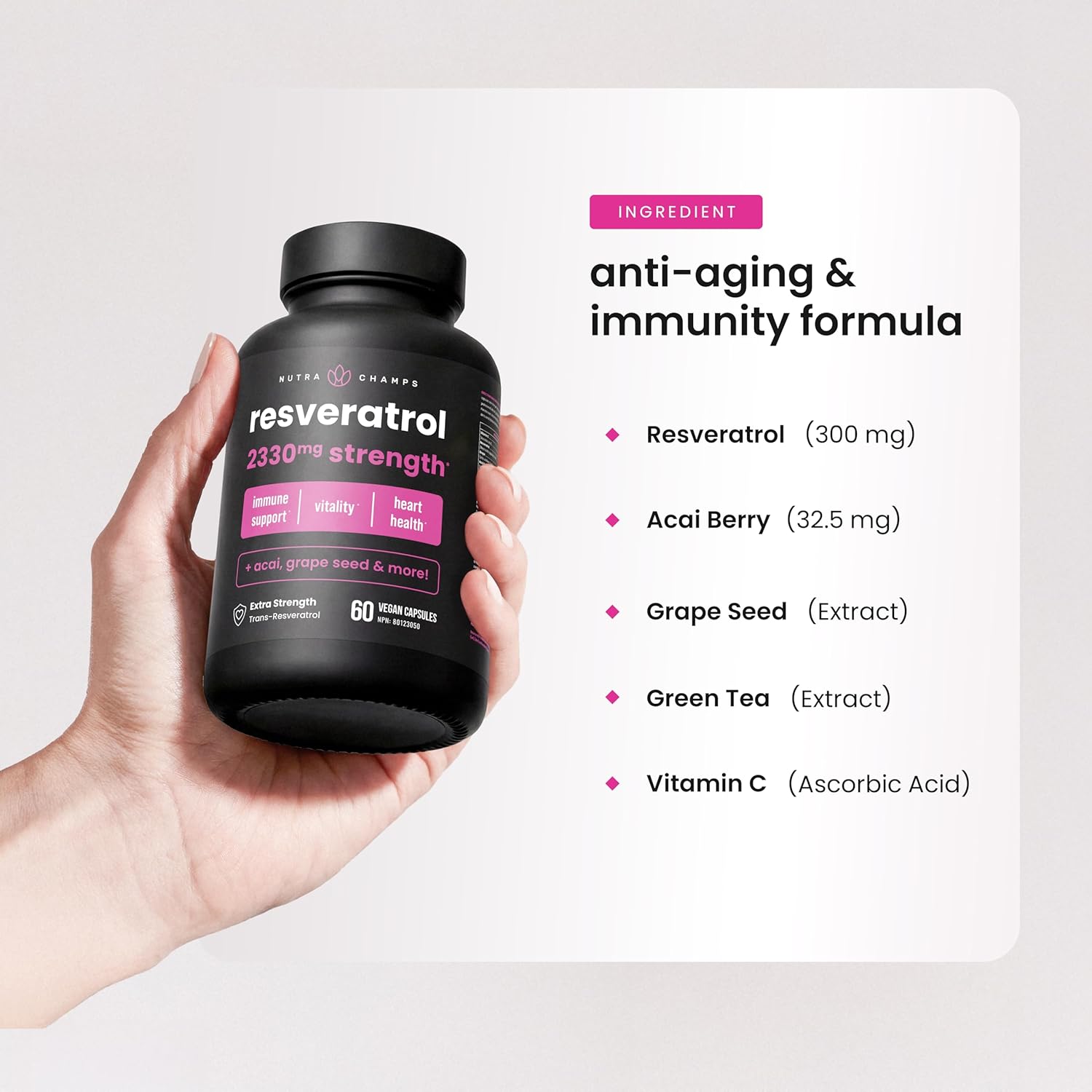 NutraChamps Resveratrol Supplement, Extra Strength Formula for Healthy Aging, Immune Support, 60 Vegan Capsules with Trans-Resveratrol, Green Tea Leaf, Acai Berry & Grape Seed Extract (Pack of 2)