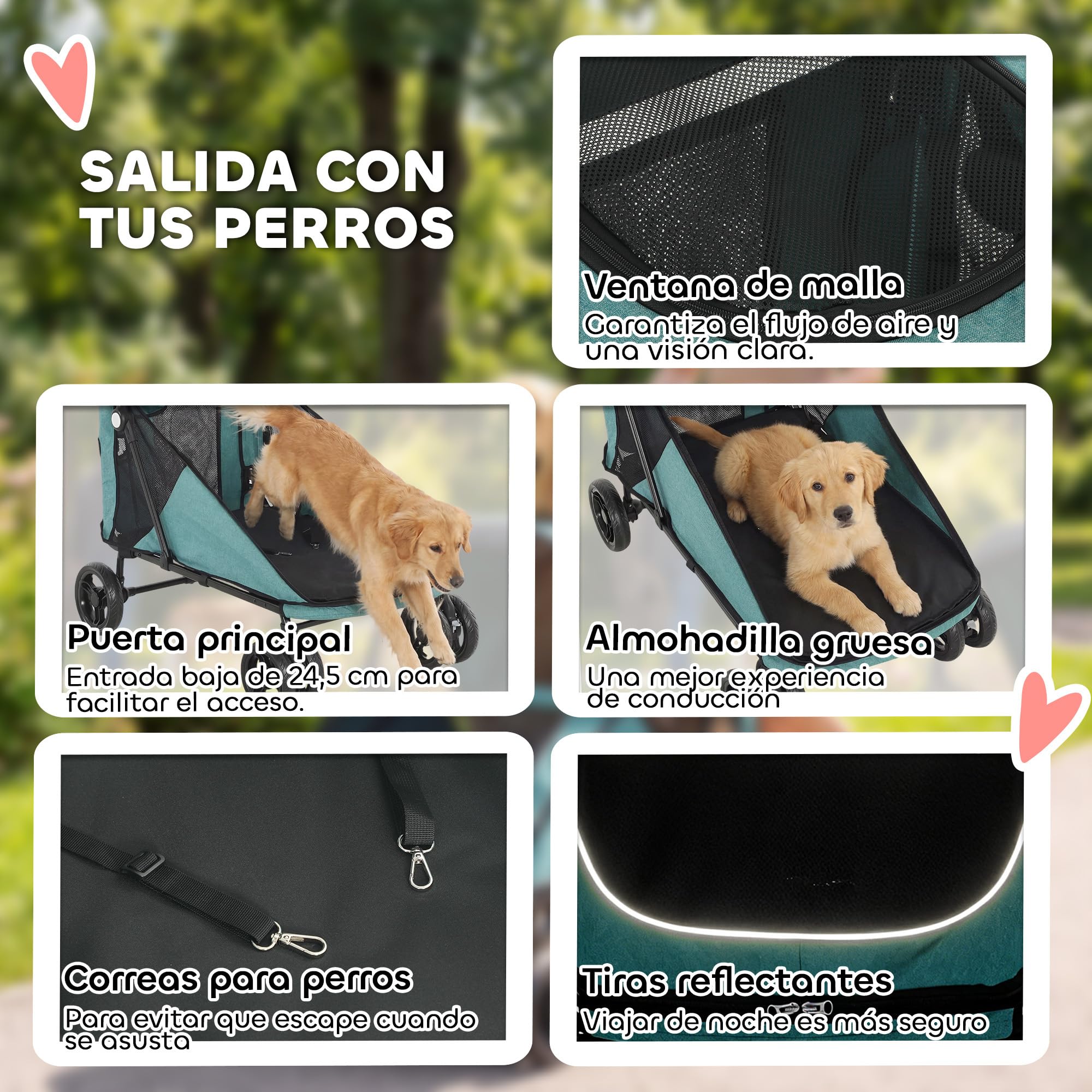PawHut Carrito para Perros y Gatos Grande Plegable con un Botón hasta 30 kg, Cochecito para Perros Medianos y Grandes, Suspensión 4 Ruedas, Giratorio, Freno de Pie, Cojín Lavable, Turquesa