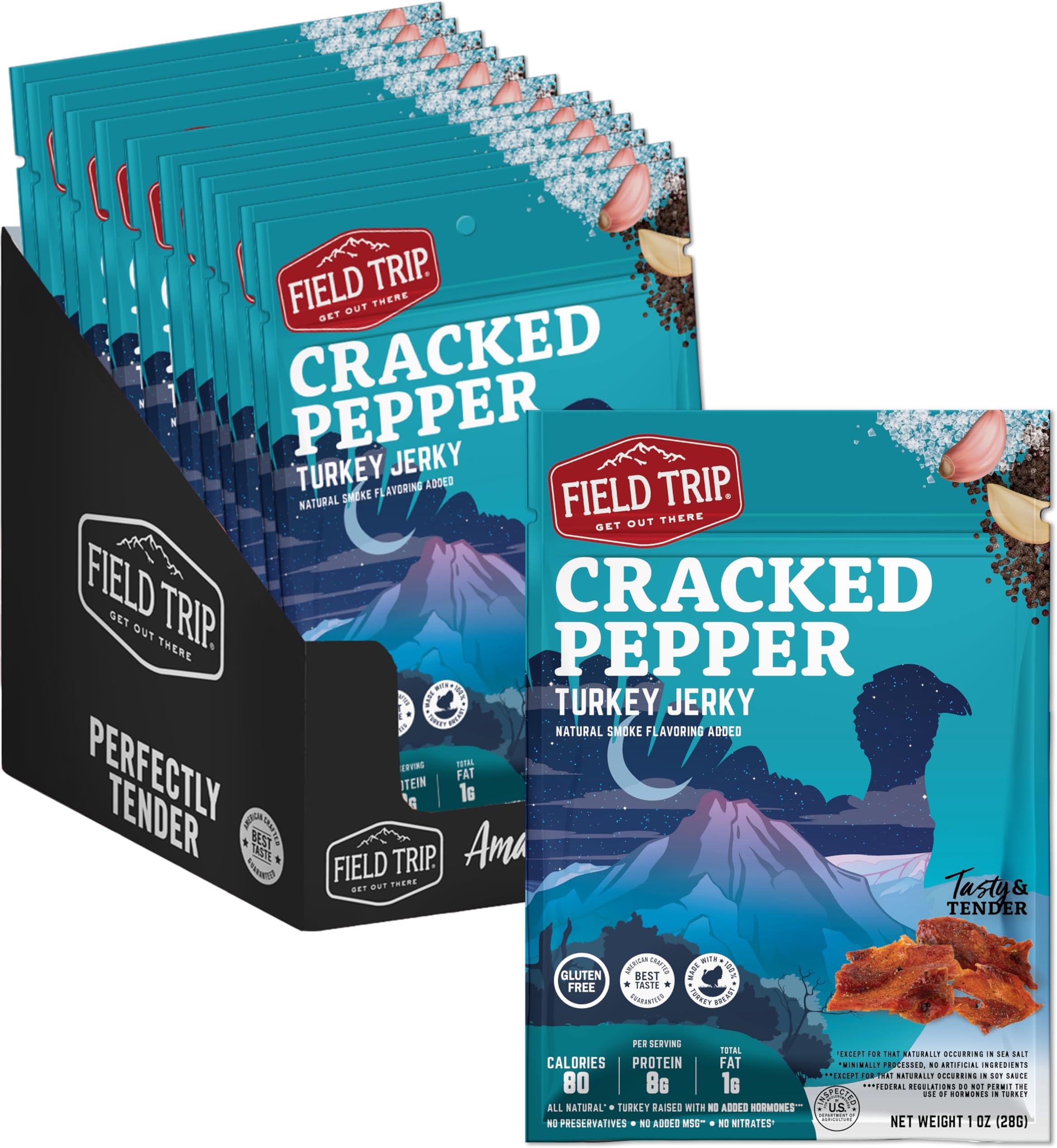 - Turkey Jerky, Gluten Free, Low Carb, Healthy High Protein Snacks, No Nitrates, All Natural Ingredients, Cracked Pepper, 1oz Bags, 12 Pack