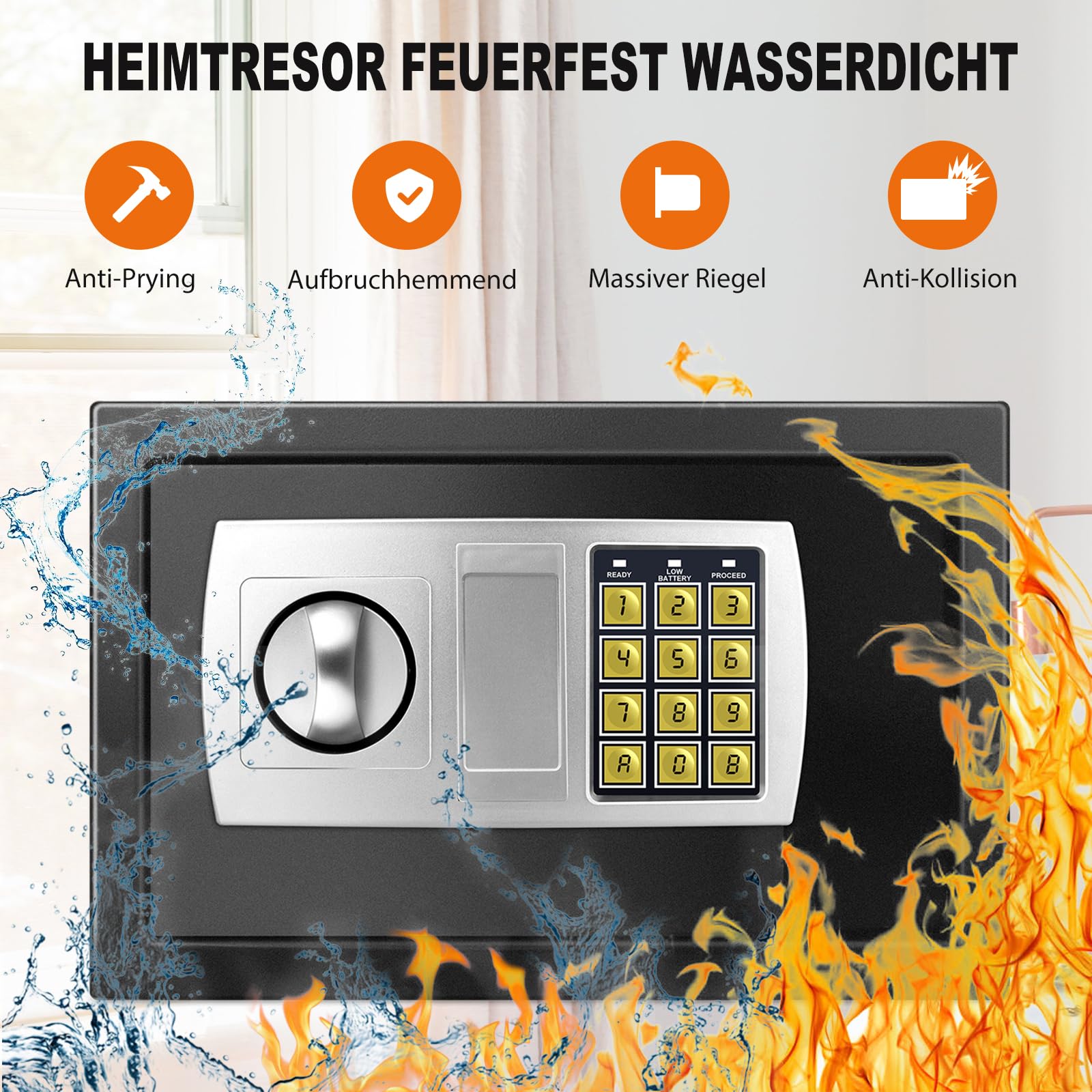 Tresor feuerfest wasserdicht, wasserdichter und feuerfester Safe, 8,5 l Mini-Digital-Safe für Geld, Wand- oder Schrankverankerung, für Büros, Hotels, Zuhause, 31 B x 20 T x 20 H cm, Schwarz