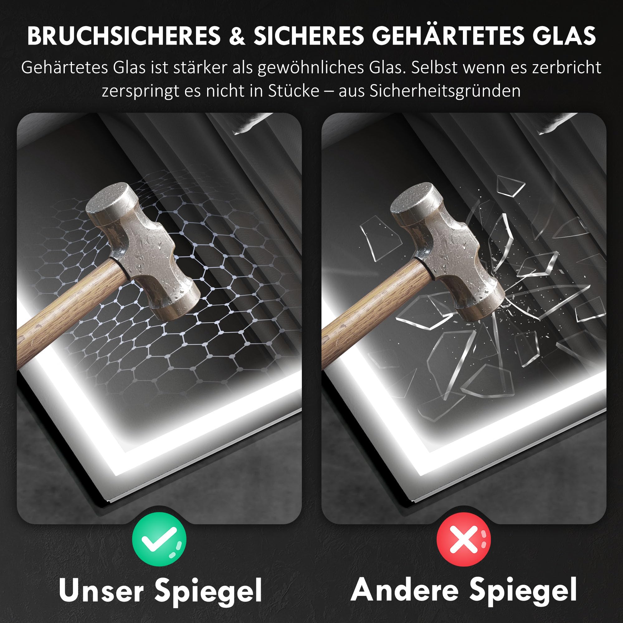 HOMCOM Badspiegel mit Beleuchtung 100x80 cm LED Spiegel Uhr Silber