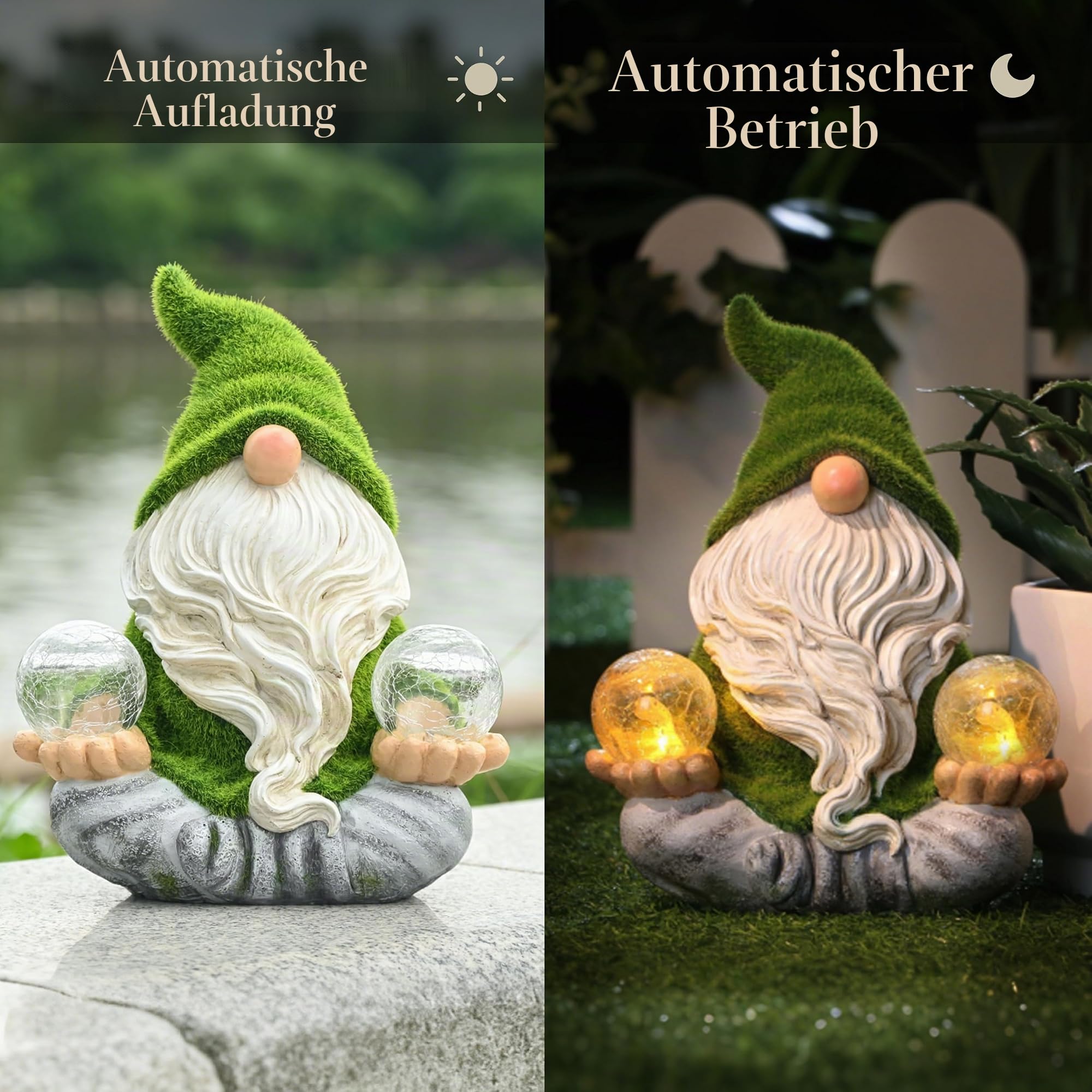 TERESA'S COLLECTIONS Lustige Gartenzwerge Gartendeko für Draußen Gartenfiguren Wetterfest Figur Yoga Zwerg Beflockte mit Zwei Glaskugel Solarleuchte Gartenwichtel Geschenk Muttertag Vatertag,20cm(L)