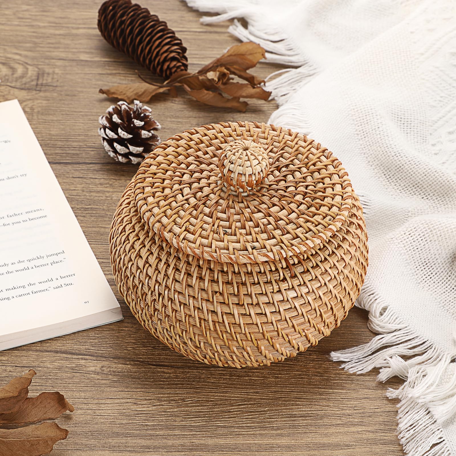 SUMTree cestino portaoggetti in rattan cestino con coperchio scatola decorativa organizzatore per scaffale, casa, cucina (16x12cm)