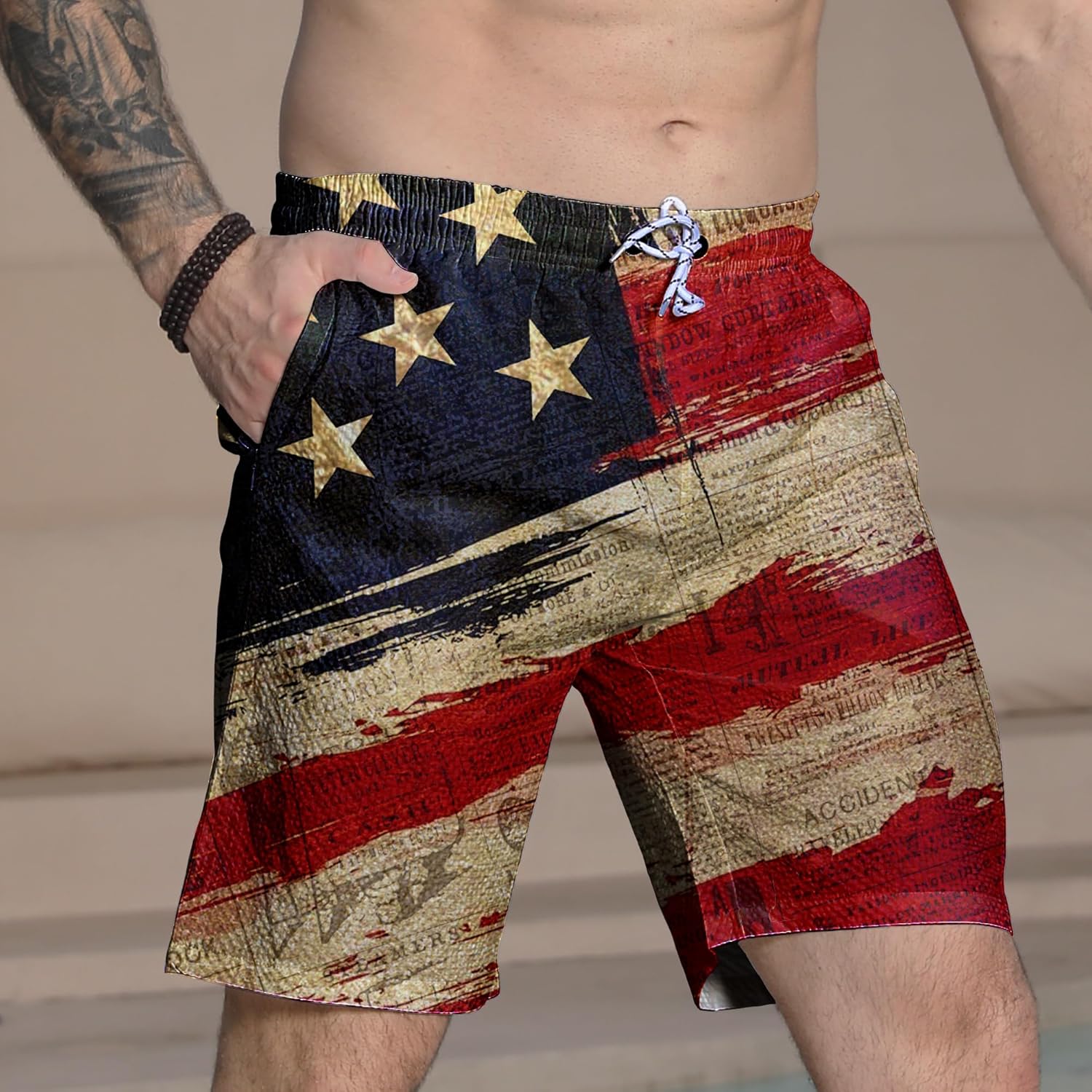 CHILL·TEK Men's Swim Trunks American Flag Quick Dry Board Shorts for Men Newspaper Beach Bathing Suits with Pockets