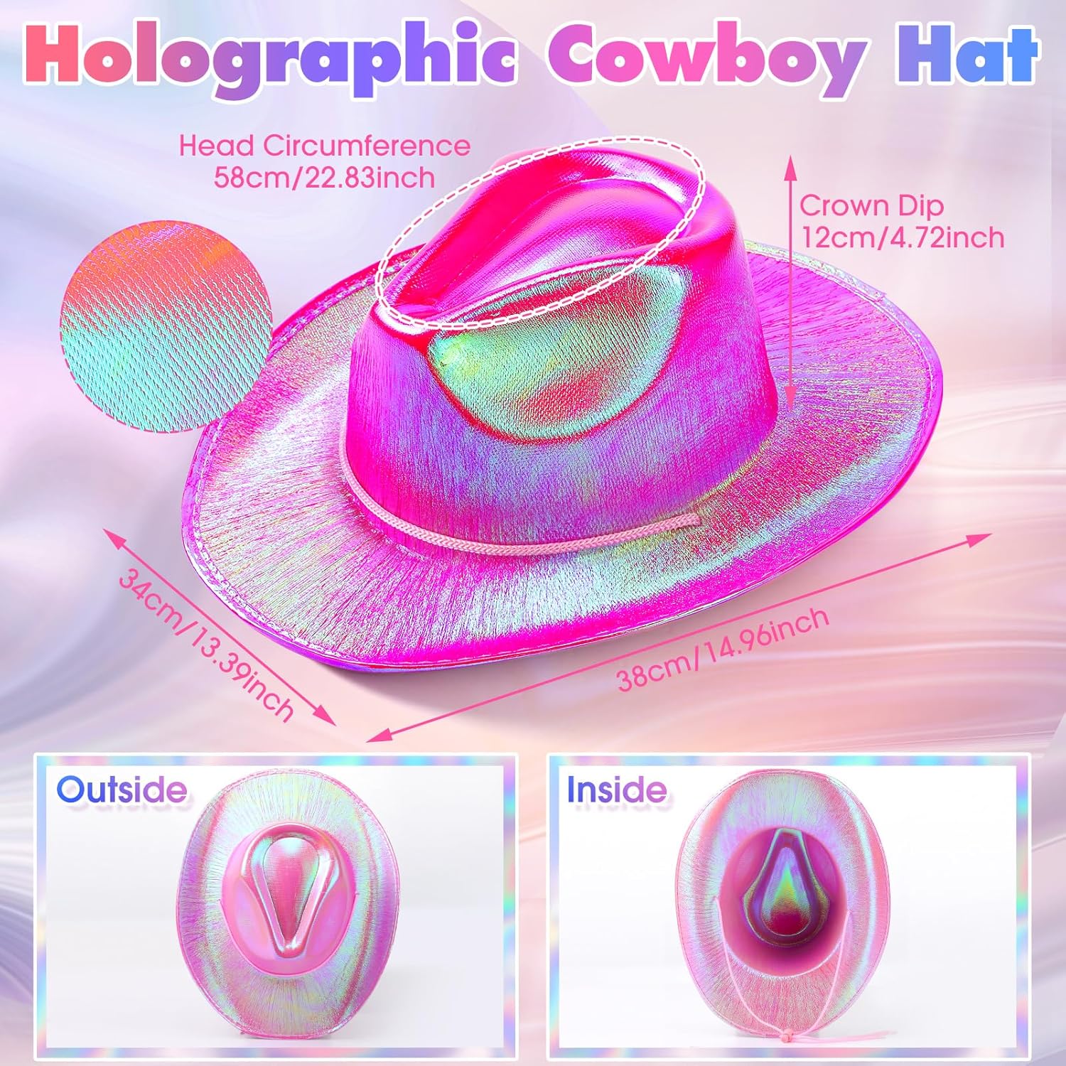 Coume 12 Pcs Cowboy Hat Sparkly Glitter Neon Cowgirl Hat for Women Holographic Space Cap for Bachelor Western Cowboy Party - Image 3