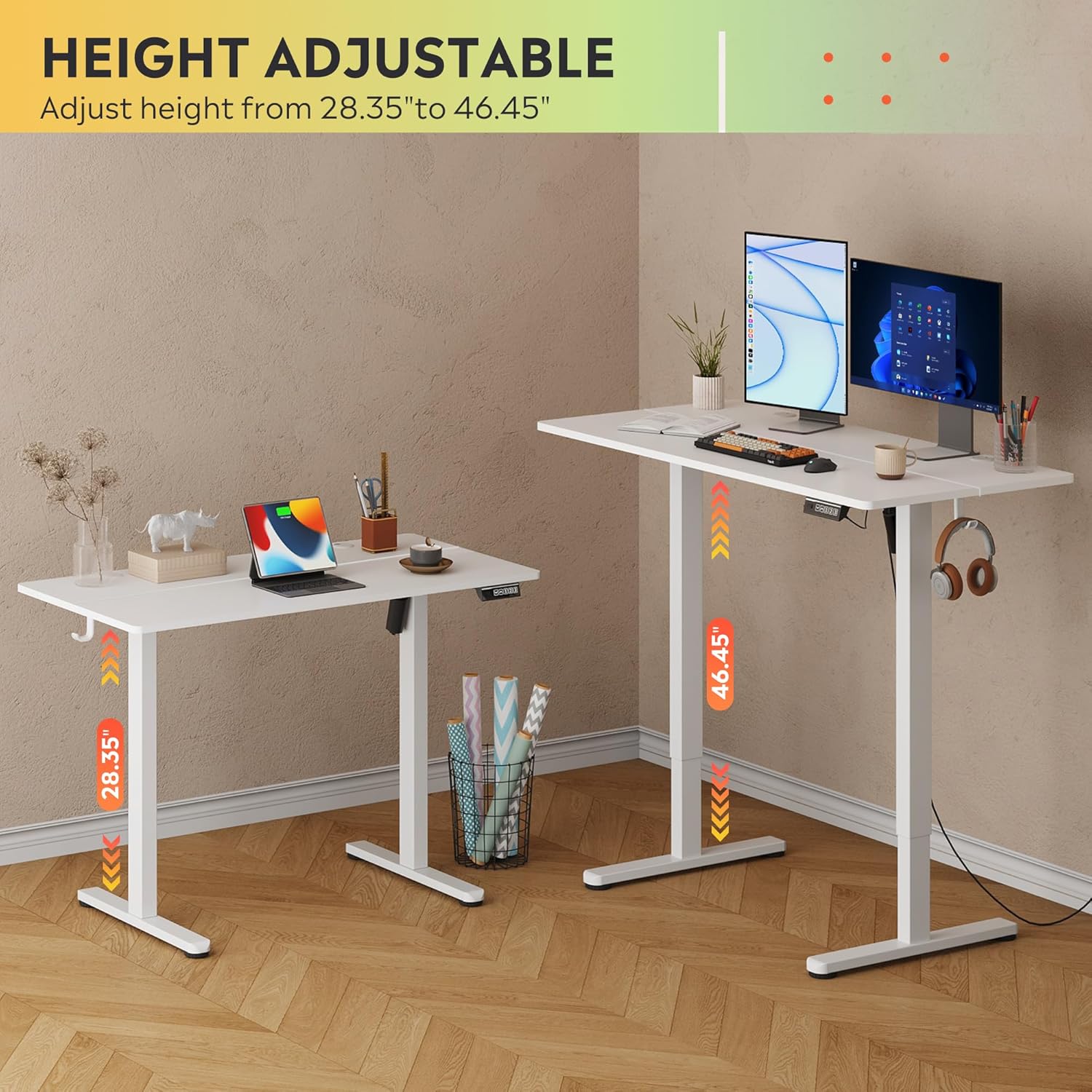 DEVAISE Electric Standing Desk showing adjustable height range