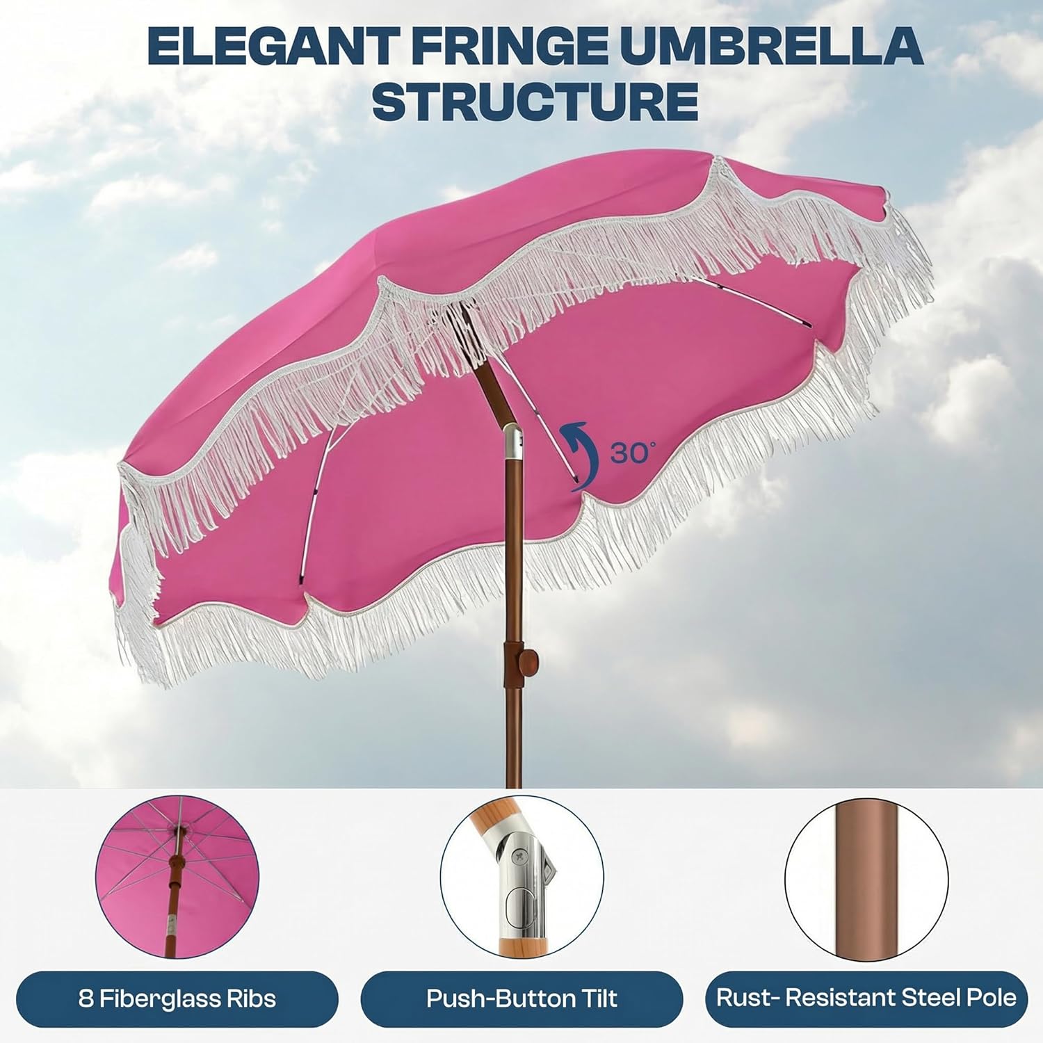 7ft Patio Umbrella with Fringe, Boho Beach Umbrellas, Outdoor Tassels Umbrellas with Push Button Tilt & Carrying Bag, 8 Windproof Fiberglass Ribs, UPF50+