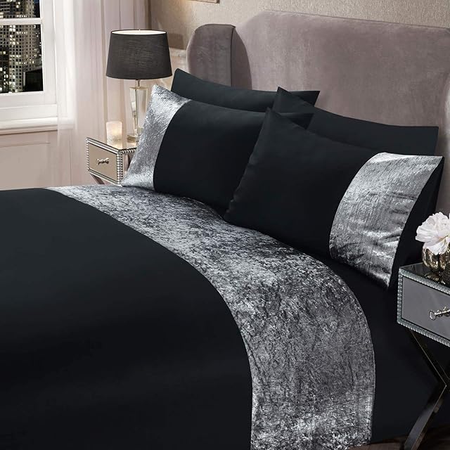 Sienna Band Duvet Set, 100% Polyester - Crushed Velvet, Black Silver Grey, Super King