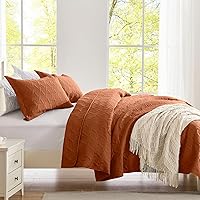 Vista 3 de Full Queen Size Burnt Orange Rust Quilt Set - Lightweight 3-Piece 90''x98'' Bedspread Coverlet with Basket Pattern, Soft Warm Microfiber Bedding