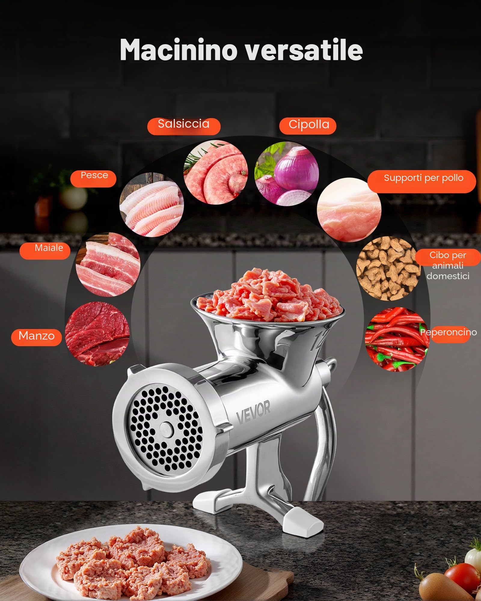 VEVOR Tritacarne Manuale in Acciaio Inossidabile 304 Fissaggio a Morsetto da Tavolo per Preparazione di Salsicce Salumi Polpette, Tritacarne Manuale da Tavolo Acciaio Inox Uso Alimentare Calibro #12