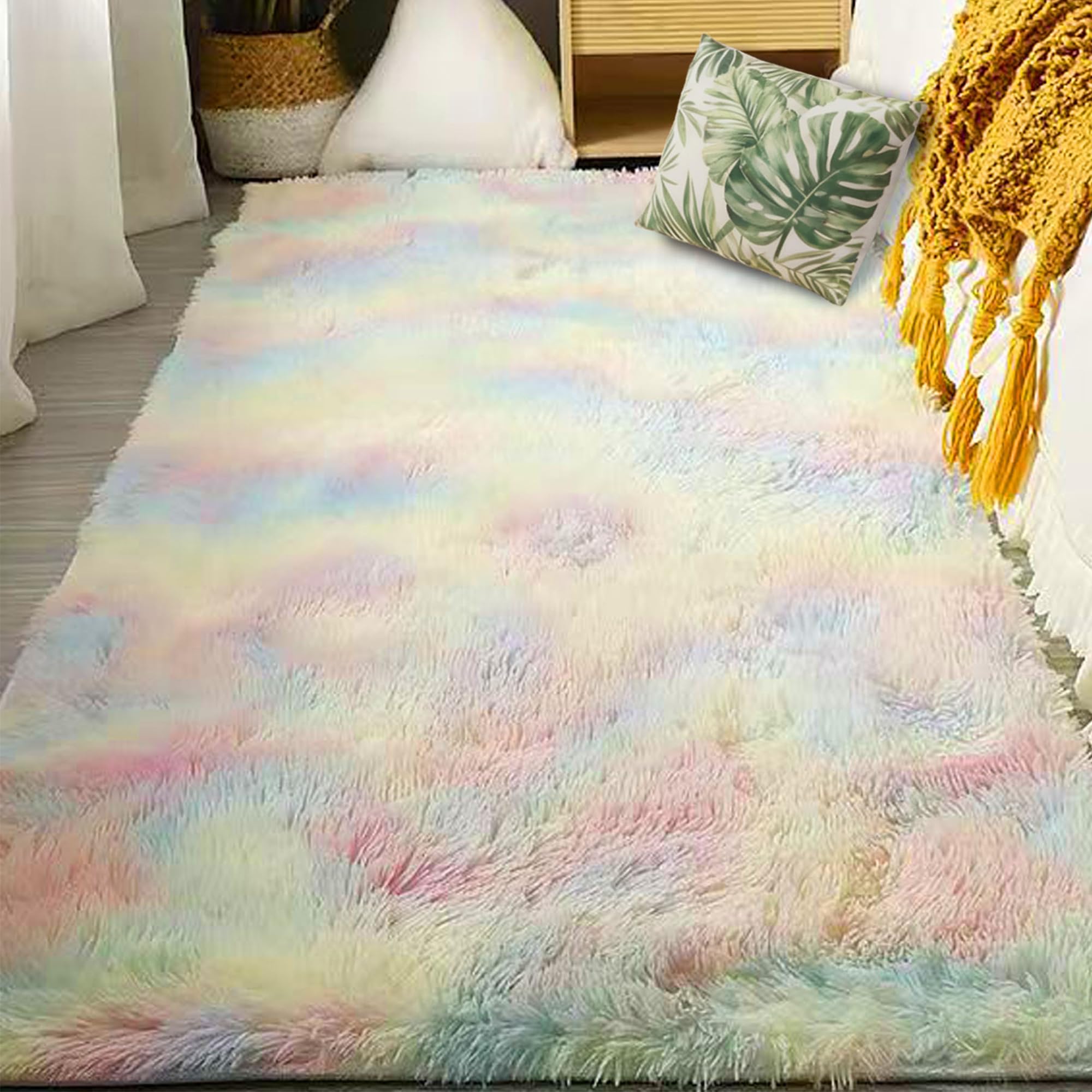 Tapis doux à poils longs multicolore et facile à nettoyer 100 x 210 cm