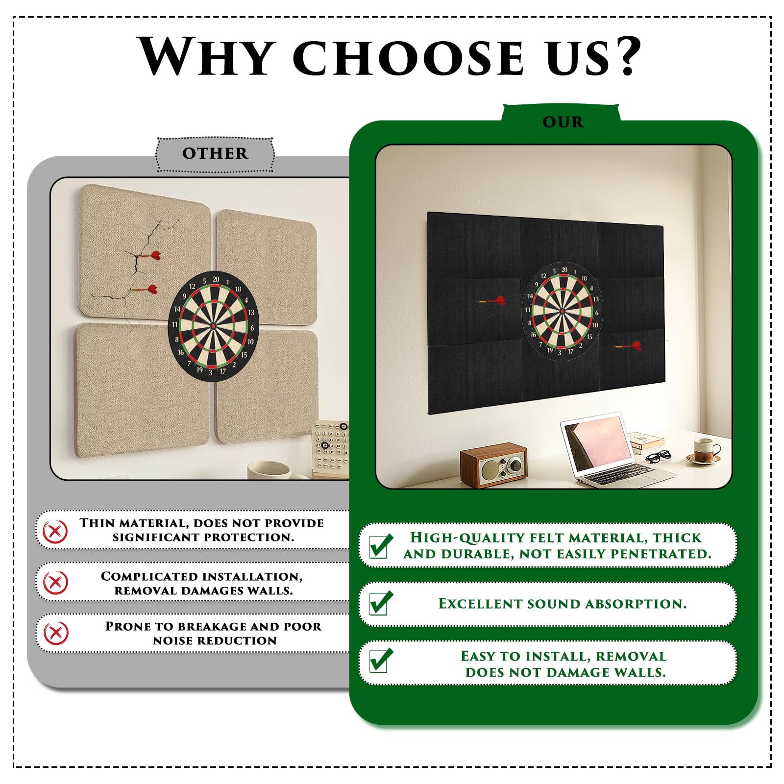 Dart Wandschutz 9 Stück Wandschutz Dartscheibe 30x30cm Dicke von 1,5 cm Dartboard Wandumrandung Selbstklebend Filz-Wandfliesen Kork-Dartboard-Rückseite Surround Wand Board