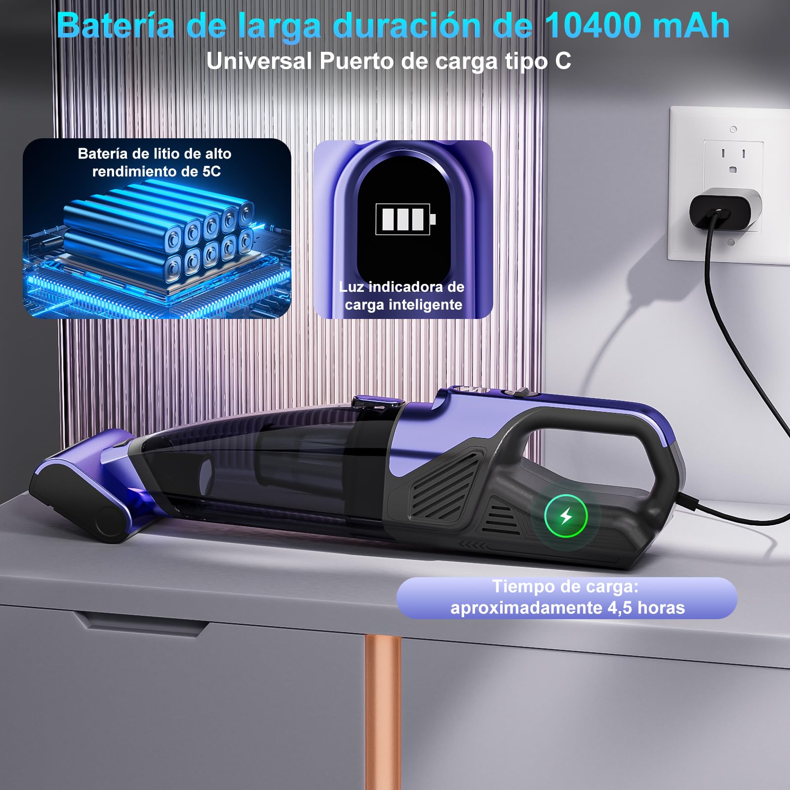 Aspiradora de Mano Sin Cable Potente 17000pa, Aspirador de Coche Batería Recargable USB Aspiradora Pelos Mascotas Mini Aspirador Portatil para Hogar y Coche