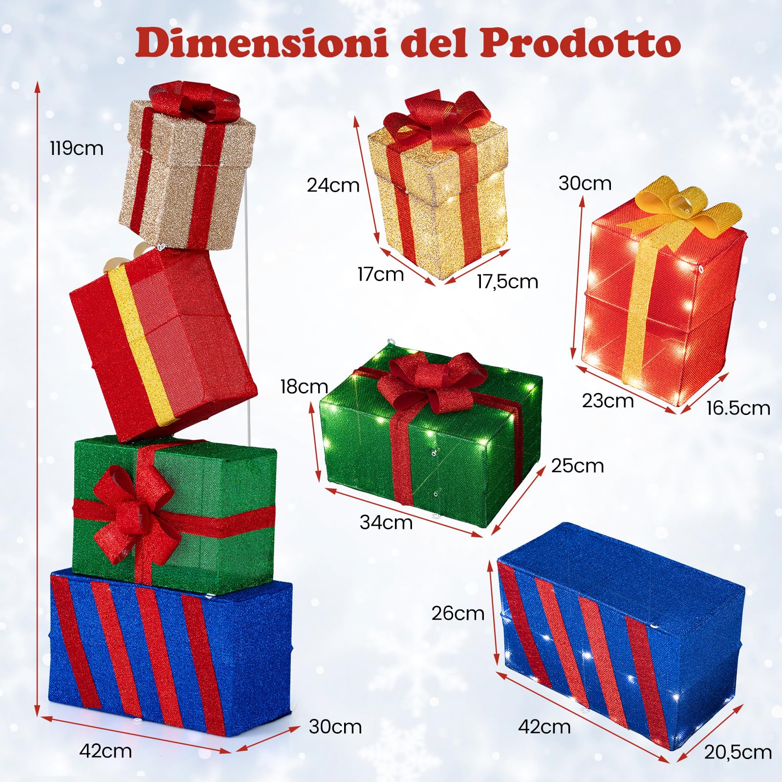 COSTWAY Set di 4 Scatole Regalo Natalizie Illuminati, Scatole Regalo Luminose con Fiocchi Colorati, 52 Luci LED Bianco Caldo, Decorazione Festiva per Casa e Giardino