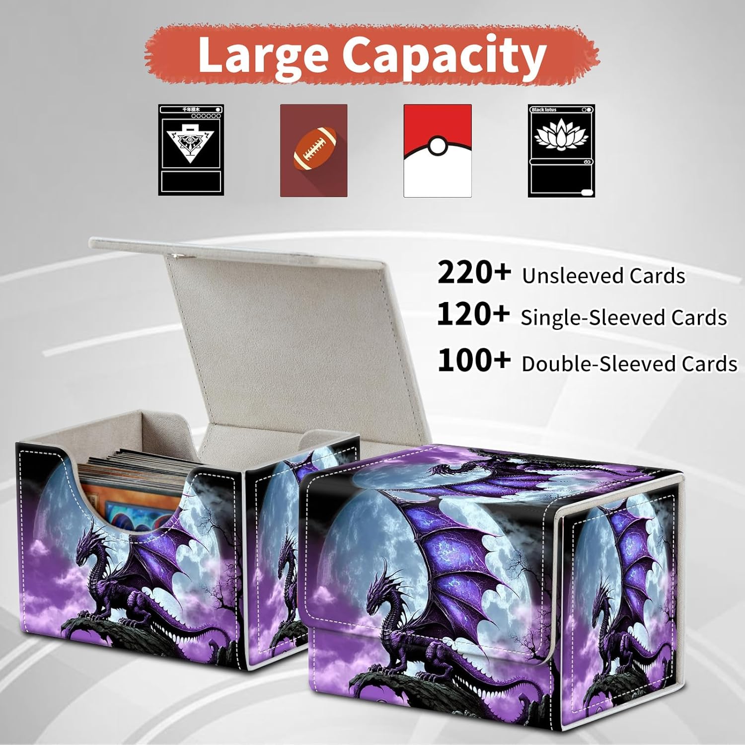 FUYOCWE Card Deck Box,MTG Commander Deck Box 100+ Double Sleeved Cards Storage,Magnetic Snap Leather Trading Card Case Oragnizer for TCG/CCG/Magic/Sports Cards-Purple Arcient dragon