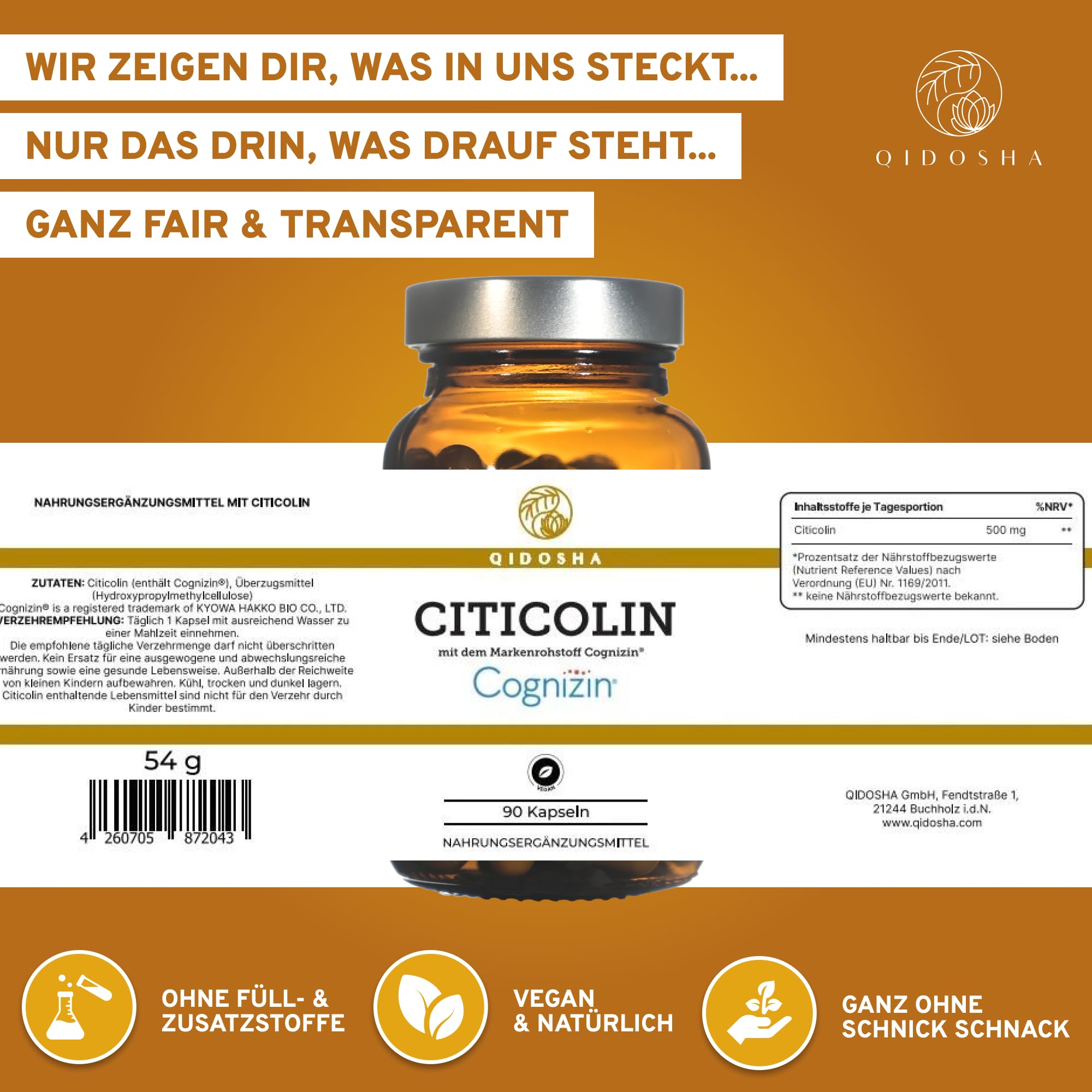 QIDOSHA® Citicolin mit dem Markenrohstoff Cognizin®, 500mg Citicolin je Kapsel, 90 Kapseln im Apothekrglas, jede Charge laborgeprüft, deutsche Fertigung