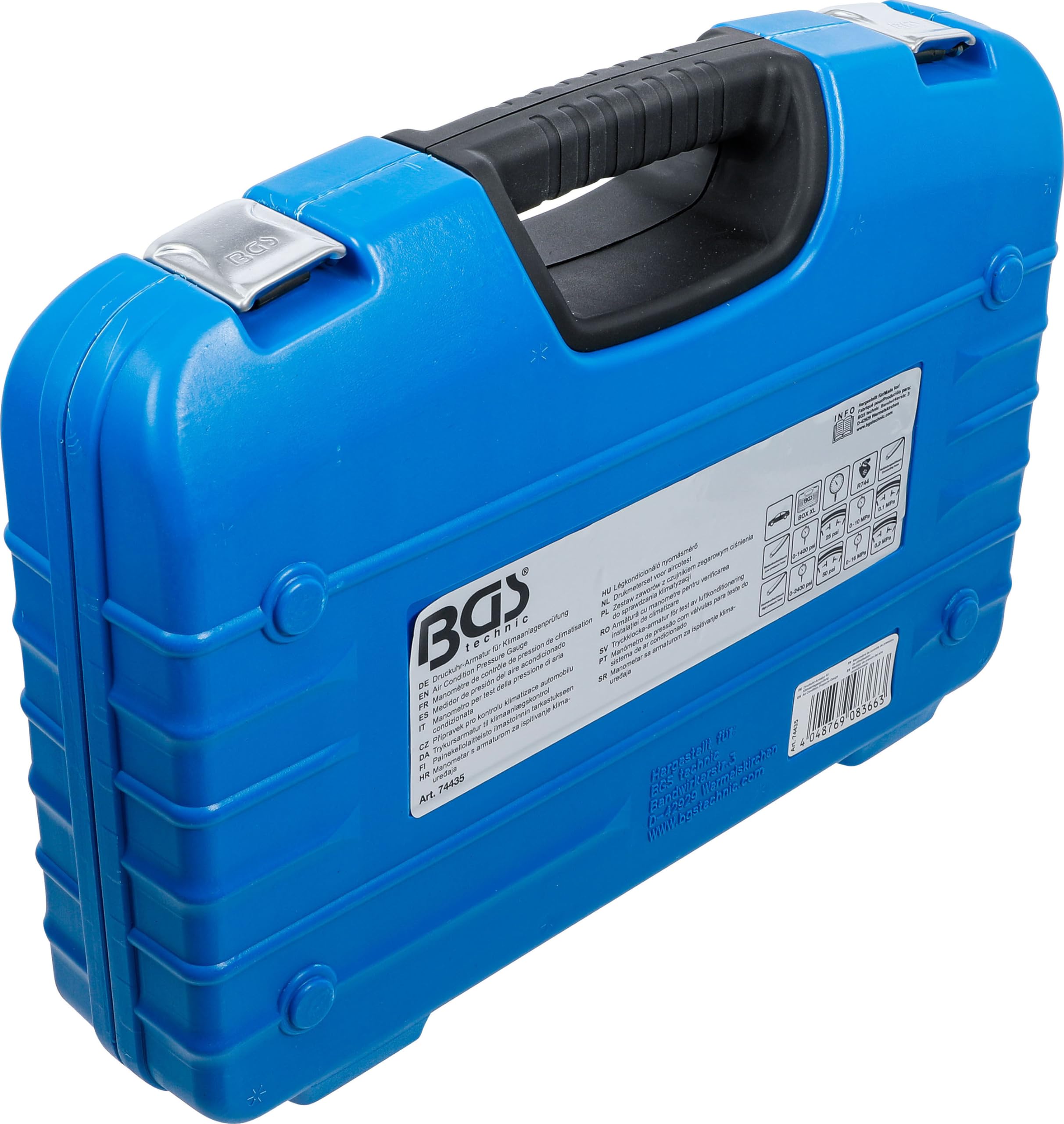 BGS 74435 | Druckuhr-Armatur für Klimaanlagenprüfung | für Kältemittel R744 | Hoch- und Niederdruckschlauch | Verbindungsschlauch zum Servicegerät | Druckuhren Ø 70 mm | Ventilblock mit Absperrventilen
