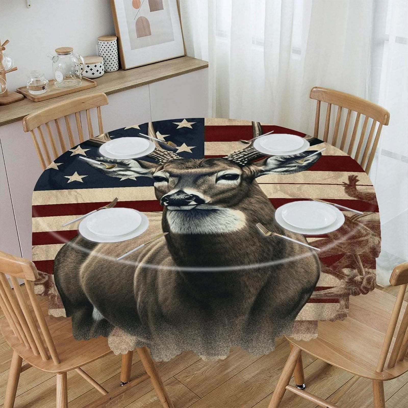 VstaDank Americana Flag Deer Round Tablecloth Wipeable Round Polyester Tablecloth Waterproof Wrinkle Free Indoor and Outdoor Table Cover 60 Inch Decorative Farmhouse Table Cloth for Dining