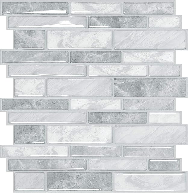 Yoillione 10 Sheets Peel and Stick Wall Tile Stickers for Kitchen, Waterproof Backsplash Tiles 3d Vinyl Self Adhesive Tiles with Marble Brick Effect, Grey Stick on Tiles for Bathroom, 12"x12"
