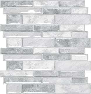 Yoillione 10 Sheets Peel and Stick Wall Tile Stickers for Kitchen, Waterproof Backsplash Tiles 3d Vinyl Self Adhesive Tiles with Marble Brick Effect, Grey Stick on Tiles for Bathroom, 12"x12"