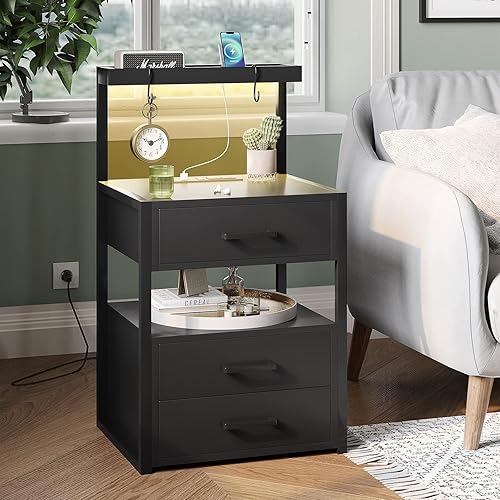 Miniatura 7 de VIAGDO Mesita de noche con estación de carga y luces LED mesita de noche negra con 2 cajones y estantes de almacenamiento abiertos mesas auxiliares