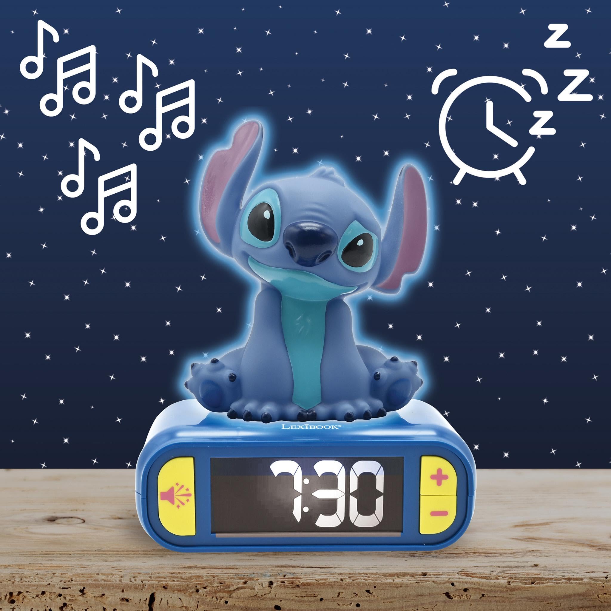 Lexibook, Disney Stitch, Sveglia notturna Stitch, Suoni e melodie, Schermo LCD retroilluminato, Luminoso, Snooze, Blu, RL800DLXB