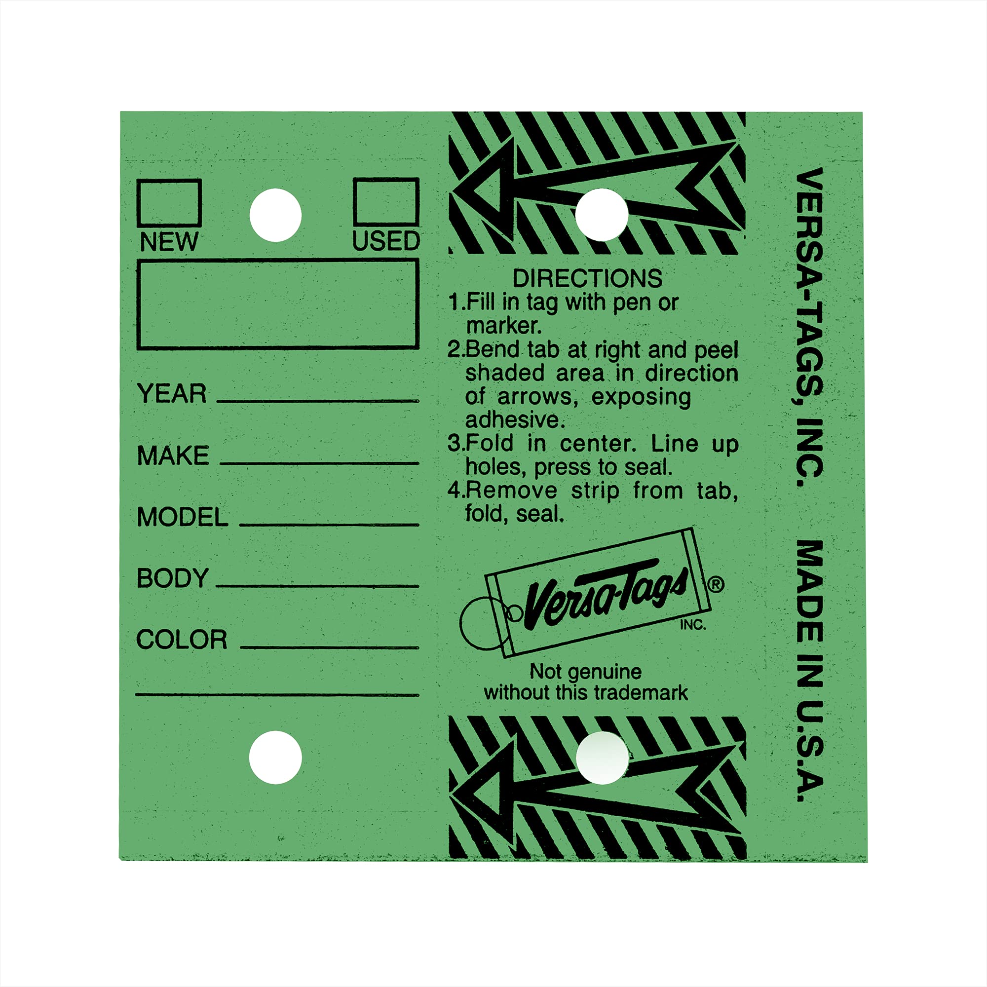 Genuine Versa Key Tags, Green, Self Protecting, 250 Tags with Metal Key Rings