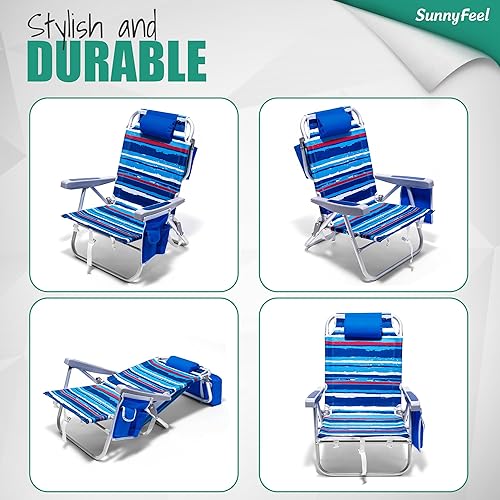 Miniatura 7 de SUNNYFEEL Sillas de playa para adultos, paquete de 2 unidades de 5 posiciones, mochila plegable portátil resistente con bolsa enfriadora, portavasos