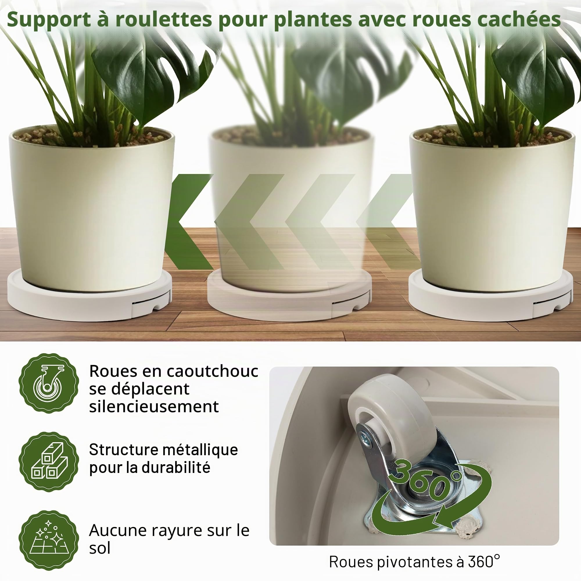 Support pour plantes avec roulettes invisibles pour jardin intérieur/extérieur 370 mm Blanc laiteux Capacité de poids maximale 200 kg (2 pièces)