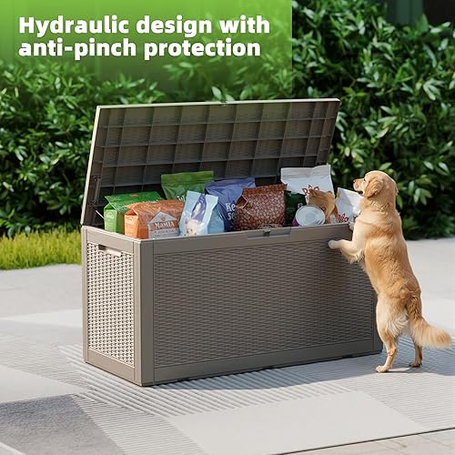 Vista 31 de EasyUp Caja de almacenamiento para exteriores de 230 galones, impermeable, resistente a los rayos UV, con varilla hidráulica, estabilidad reforzada