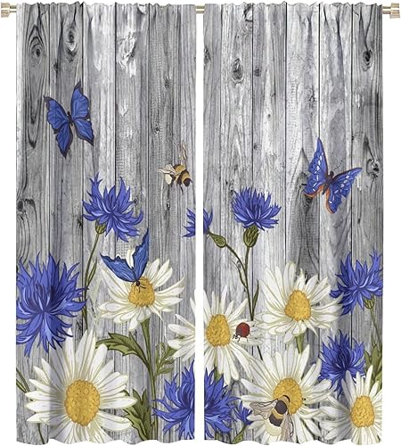 Miniatura 61 de Cortinas rústicas de cocina de granja, margaritas florales de granja de primavera, cortinas opacas de madera retro con bolsillo para barra, cortinas