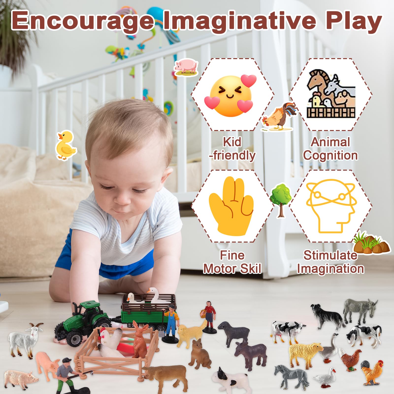 Uoxmiy 32pcs Farm Animals Plastic Realistic Mini Toys Set including Tractor Trailer Vehicle Toy Assembly Fence Farmhouse Barn Playset Farm Animals for 2+ Year Qlds - Image 4