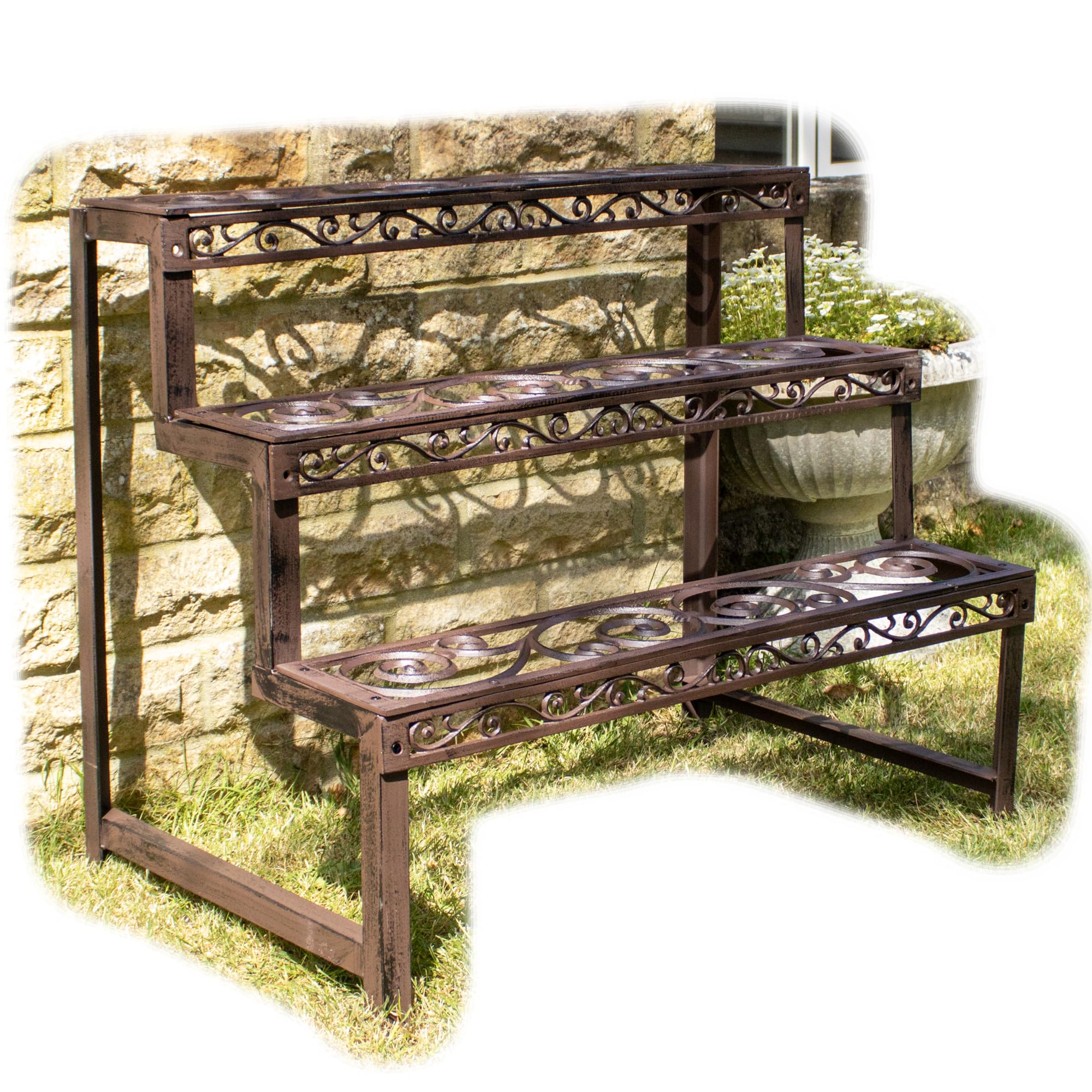 Darthome Brown Cast Iron Rectangle Plant Stand 76X65x48cm Metal 3 Tier Staircase Flower Pot Etagere Rack