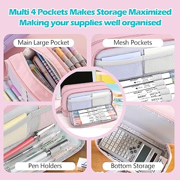 LEEPAT Large Capacity Pencil Case with 4 Compartments for Boys Girls, Desk Stationery Organizer Pencil Pouch with Handle, Portable Pencil Case for School Office Supplies (Pink)