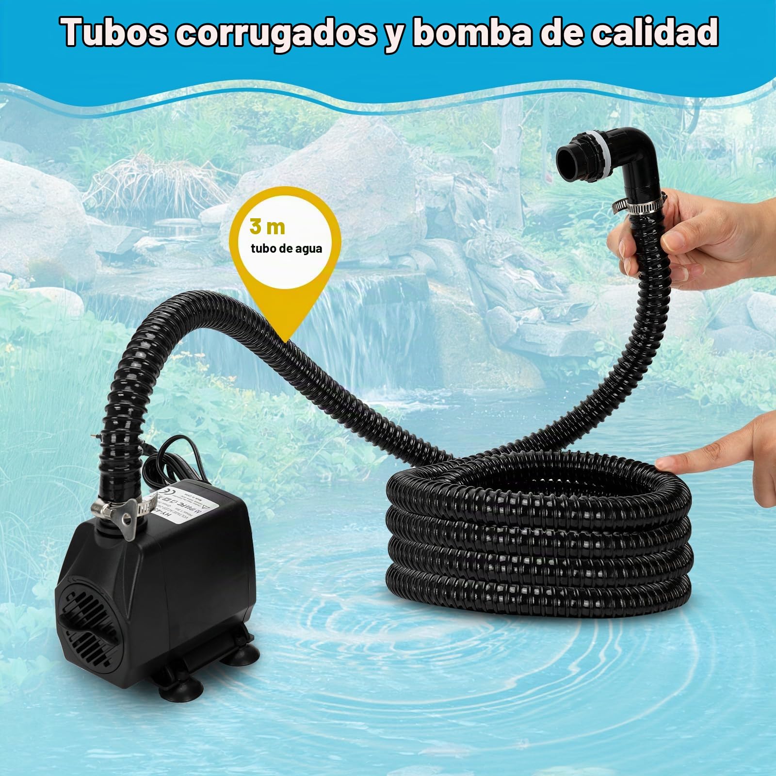 WingFly Estanque Cascada para Estanque de jardín, Juego de Cascada 30 cm de Acero Inoxidable con Bomba de Estanque de 45 W 3000 L/H, Piscina Cascada para Juego de Agua, Patio, Pared de Agua