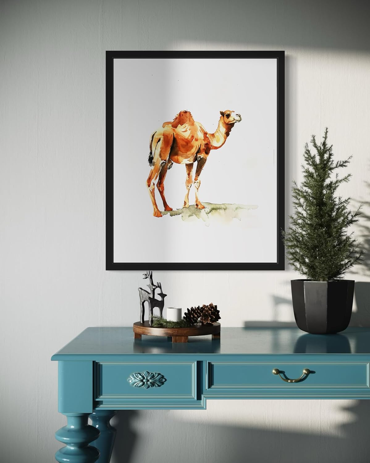 HomeArtPrint Camel Watercolor Art Print Poster, Animal Wildlife Nature Cute Paintings for Bedroom Bathroom Living Room Decor 98A (Camel, 16 x 20 inches, Black Frame)