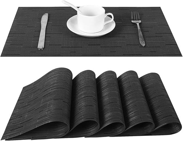 Miorkly Placemats Black,Place Mats Set of 6,Table Mats, Heat Resistant /Washable /Non Slip PVC Table Place Mats,Woven Vinyl Table Placemats,45CM x 30CM