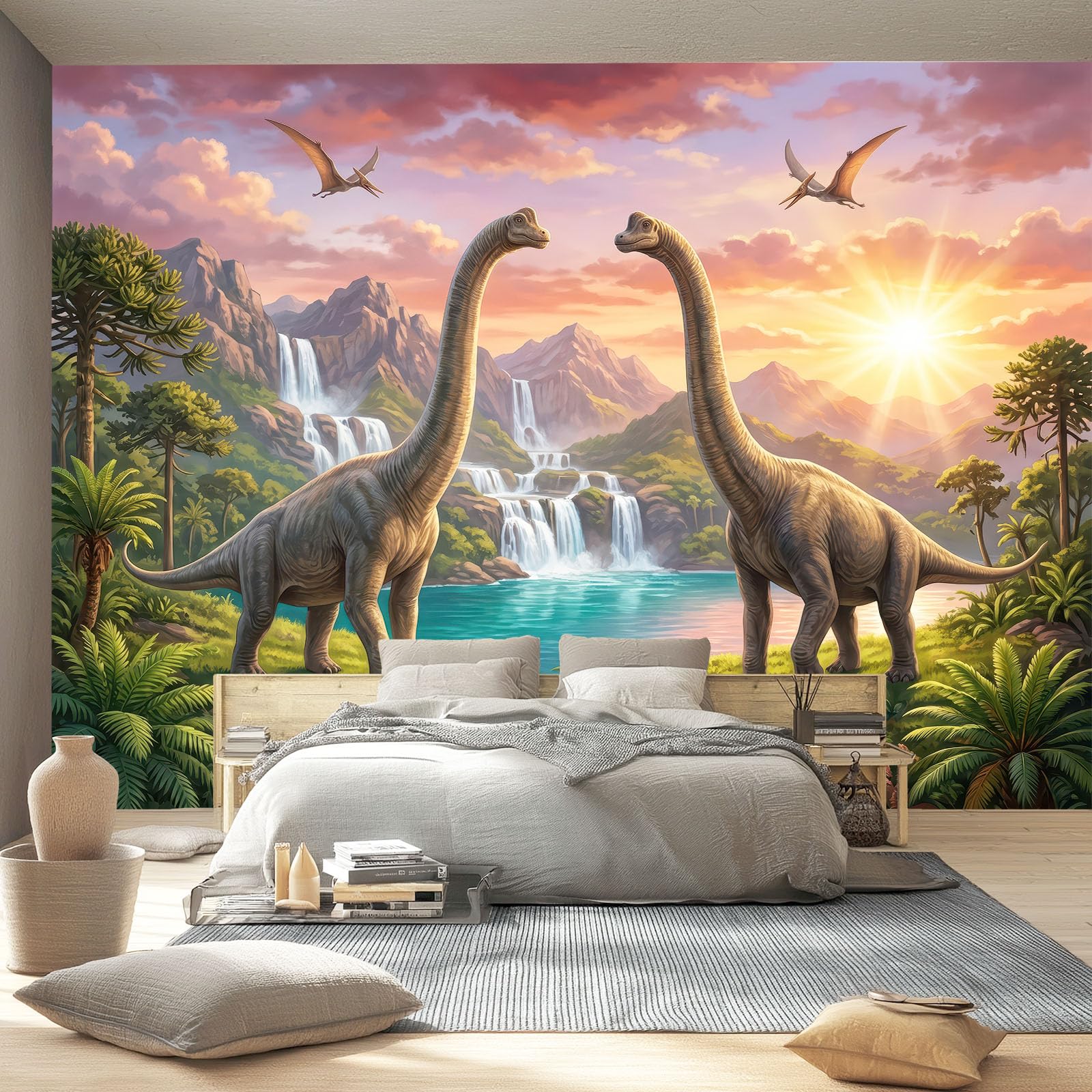 Fototapeta z włókniny, zwierzęta, fantazja, 400 x 280 cm, fototapeta, fantazyjny dinozaur i wodospad, tapeta do pokoju dziecięcego - tapeta na fizelinie, tapeta ścienna, efekt 3D