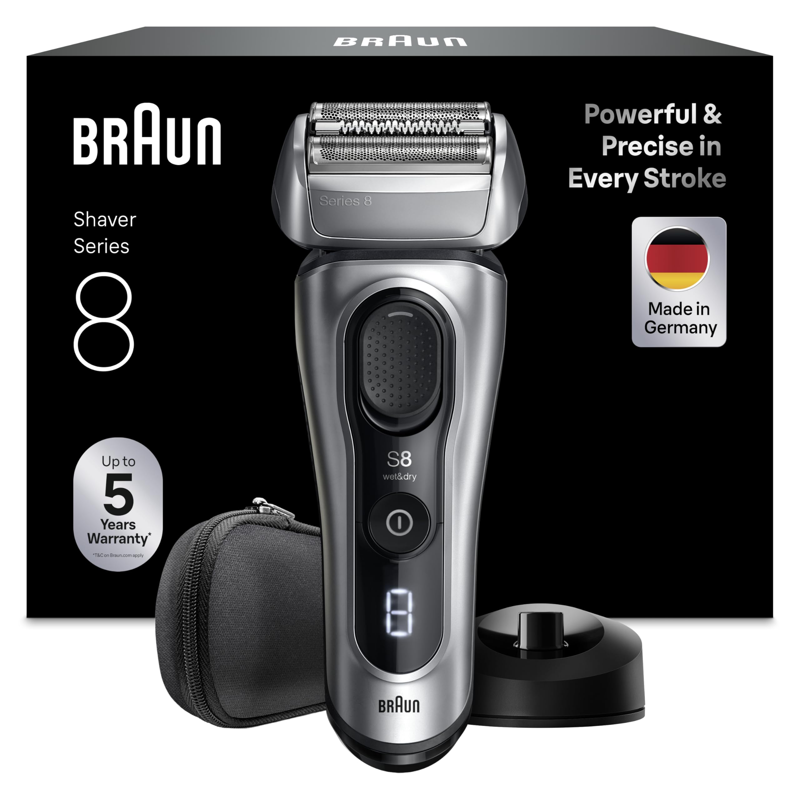 Braun Afeitadora Eléctrica Hombre Series 8, Máquina de Afeitar Barba en Seco Y en Mojado con Cabezal de Precisión Y Recortadora, 60 Min de Uso, Base de Carga Y Estuche de Viaje, 8617S, Plata