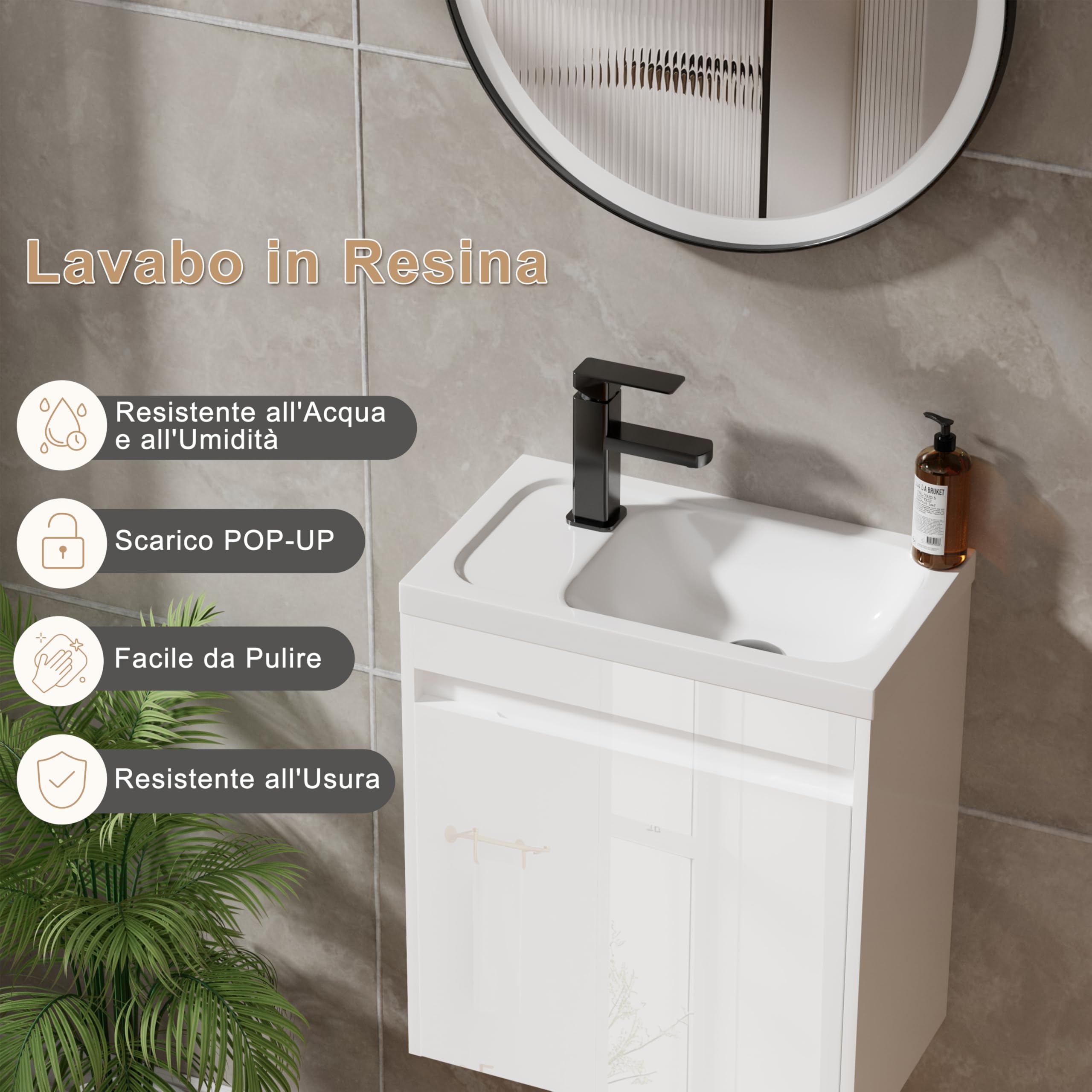 UEV Mobile da Bagno Sospeso 50 cm con Lavabo in Resina, 3-in-1 Set Arredo Bagno con Rubinetto Efficiente, Scarico POP-UP, Mobiletto con Ampio Spazio di Archiviazione