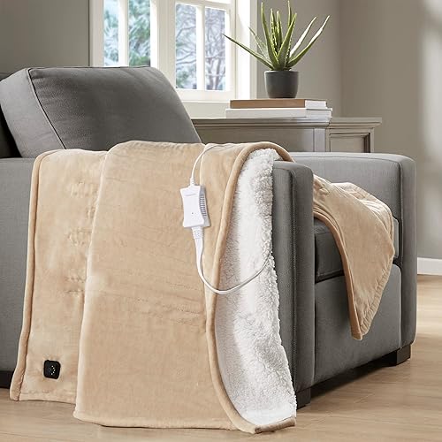 Vista 23 de Beautyrest Manta eléctrica reversible de felpa a sherpa, controlador de botón suave integrado, apagado automático, ajuste de calor múltiple, Gris
