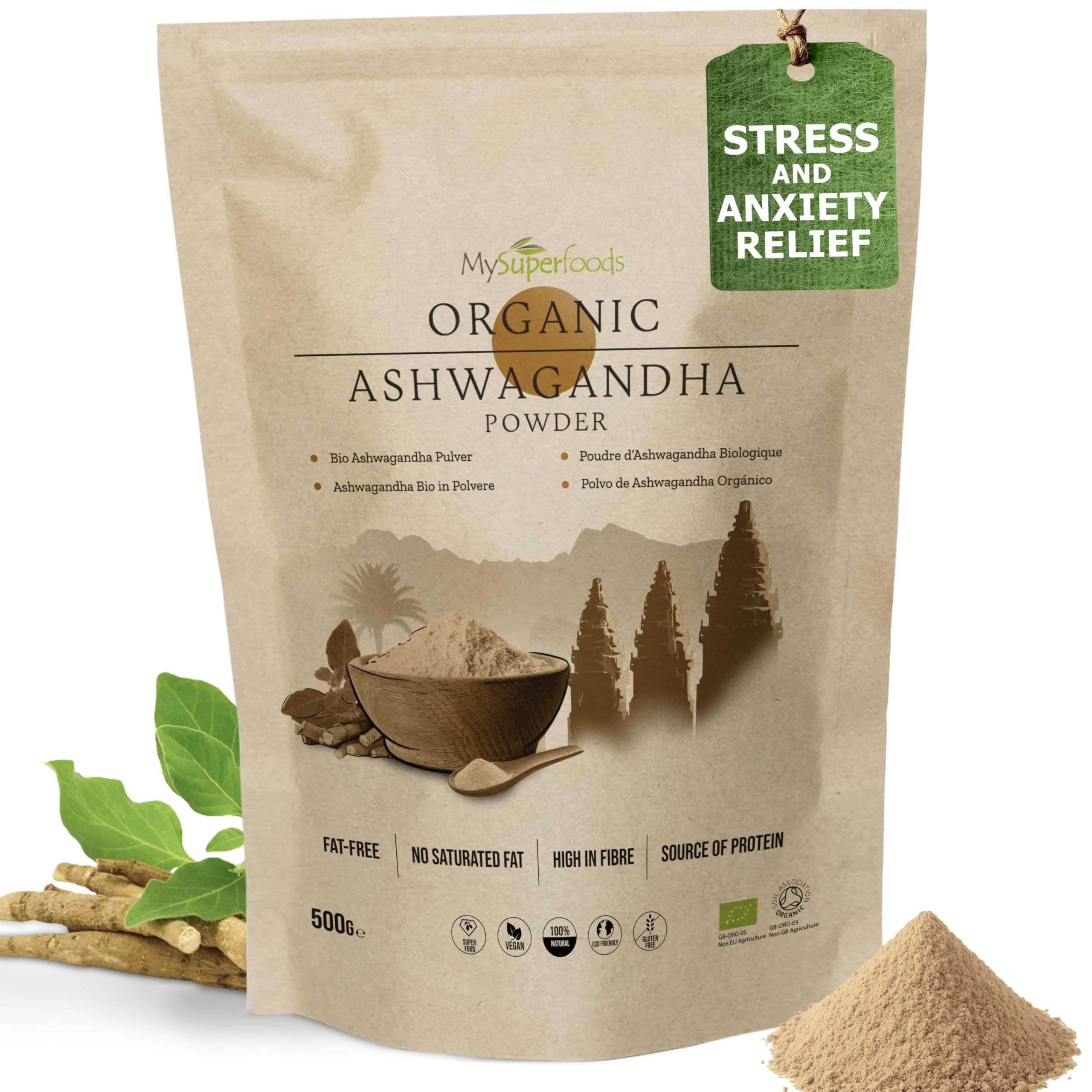 MySuperfoods Organic Ashwagandha Powder 500g, Rich Source of Vitamin B6 & B12Soil AssociationEU OrganicSoil AssociationSoil Association