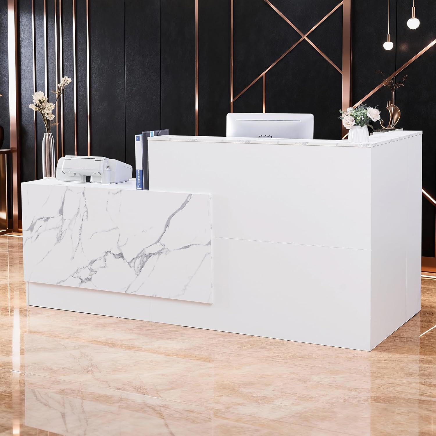 L-Shaped Reception Desk,Large Front Desk with Keyboard Tray, Lockable Drawers & File Cabinet, Receptionist Desk for Checkout,Lobby and Beauty Salon