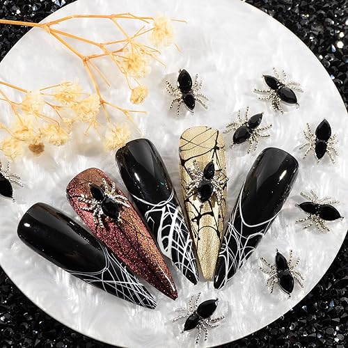 Miniatura 6 de Dijes negros de Halloween para uñas acrílicas, 20 piezas de araña 3D con diamantes de imitación, gemas de arte de uñas de metal punk, dijes de