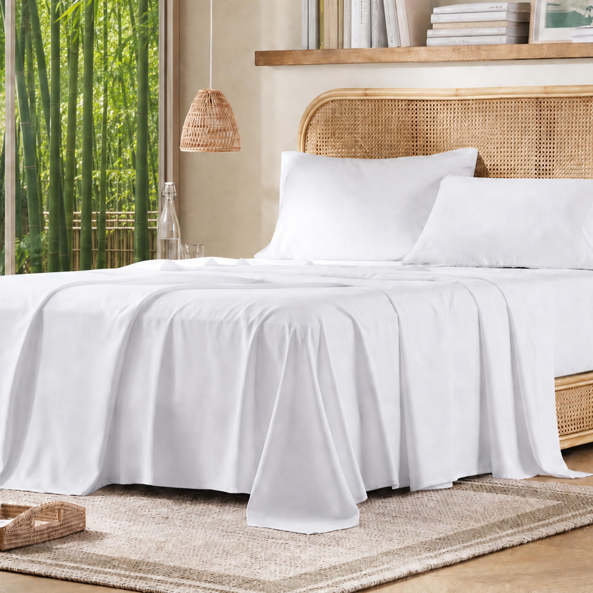 Comfort Spaces Comfort Spaces Cooling Sheet Set Poly X Rayon Blend (Rayon Derived from Bamboo), Soft, Silky, Lustrous, Heathered Finish King Sheets for Summer All Season Sheet Set, King, White, 4 Piece, White, King