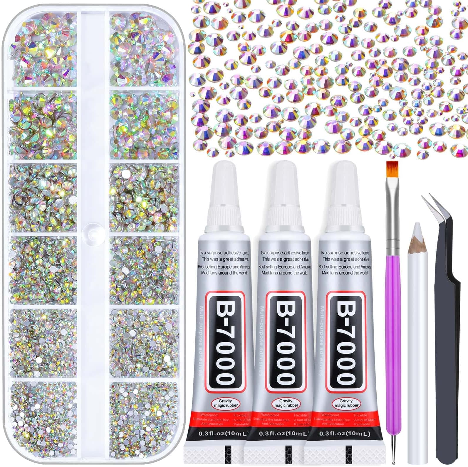 Audab B-7000 Adhesive Glue Kit with Rhinestone for Craft, 2100Pcs Crystal AB Rhinestones with 3pcs Clear Adhesive Glue for DIY Clothes Fabric Shoes Jewelry Making Nail Art
